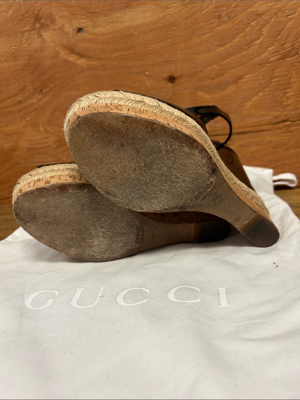 Gucci Black Patent Cork Espadrille Wedge Sandals - Women size 6 - Picture 6 of 6